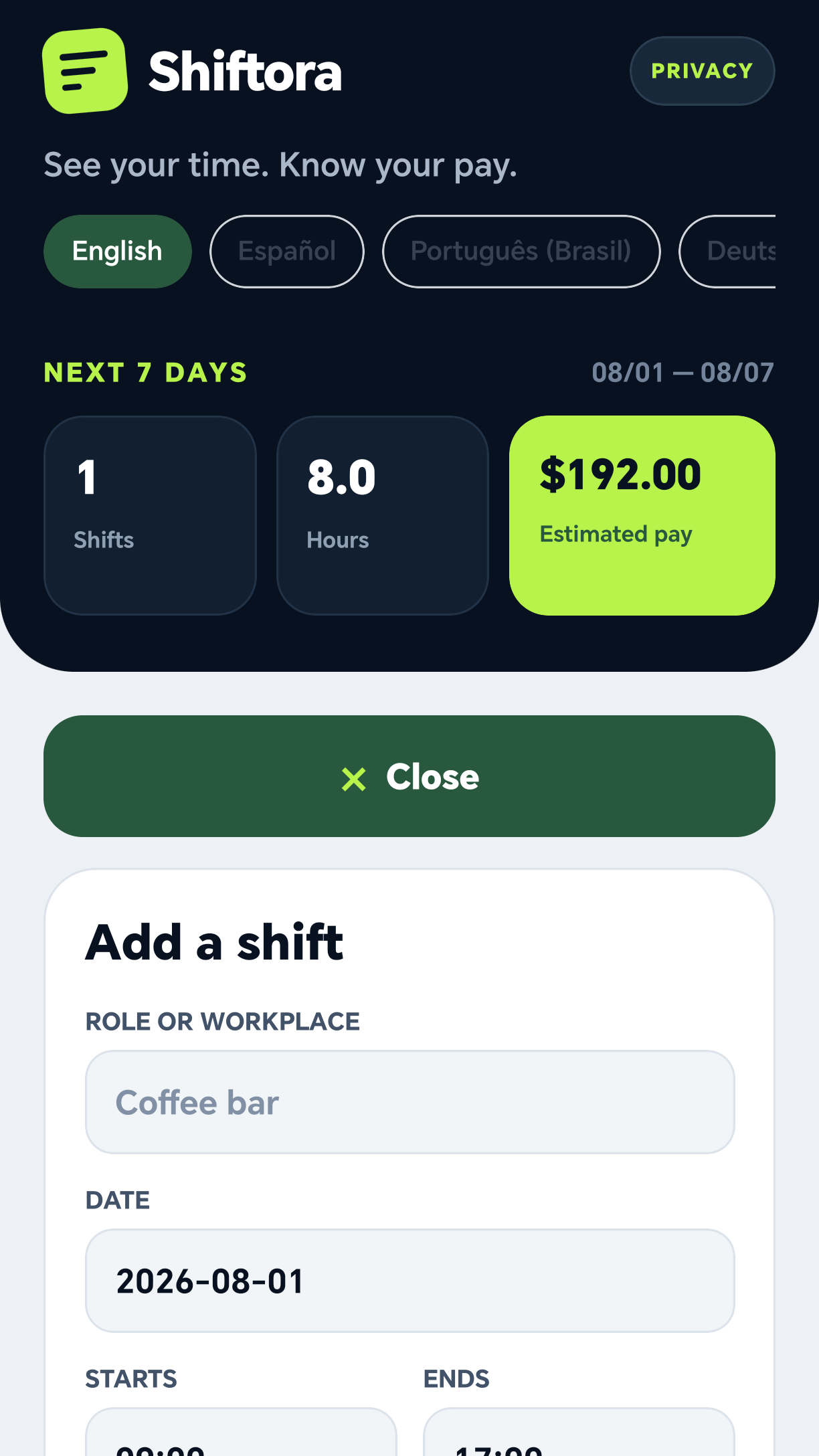 Shiftora add-a-shift form